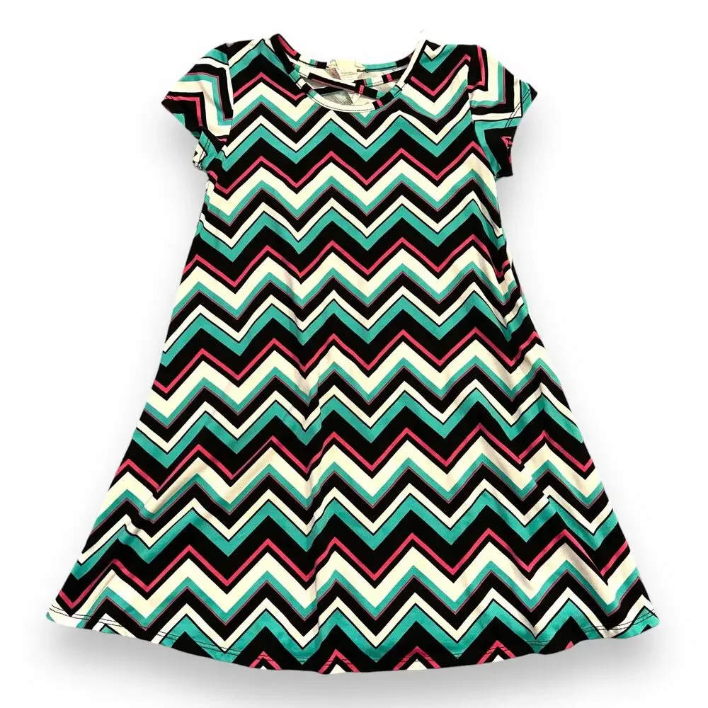 Btween Girls Dress Chevron Print Knee Length Teal Black Pink White Large 10 12